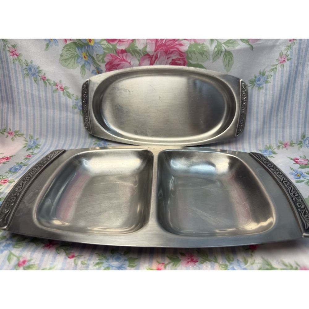 MCM‎ Stainless Steel Serving Trays Lot 2 Midcentury Modern Divided And Oval